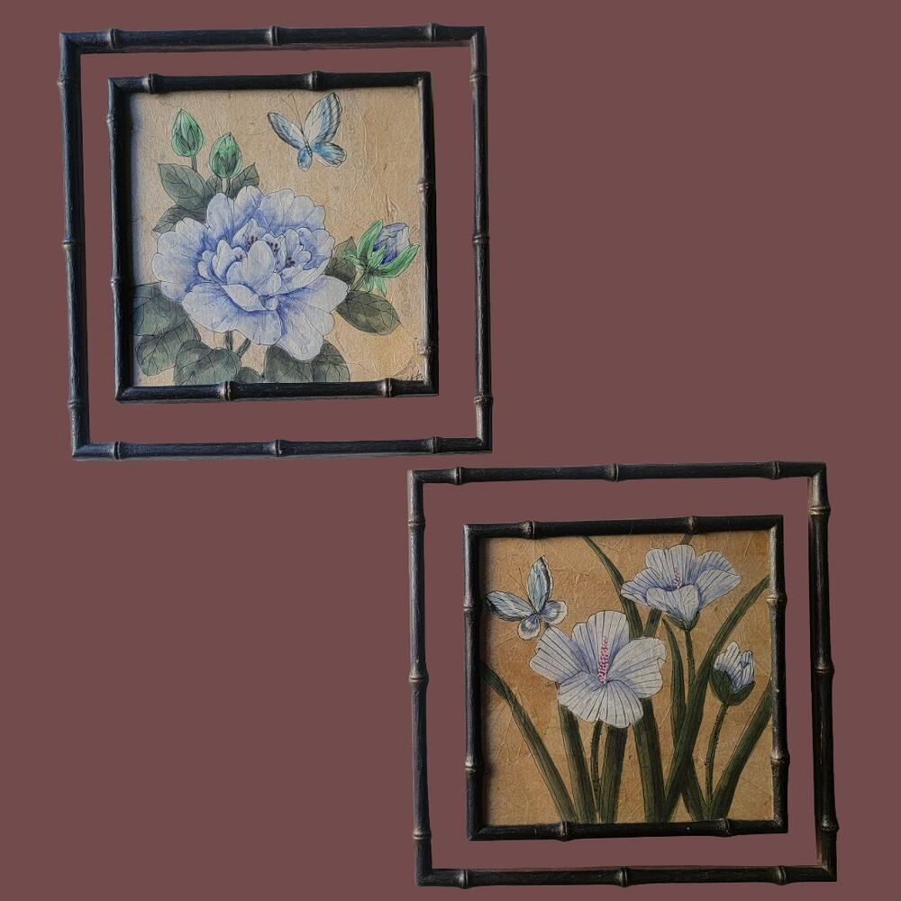 Vintage 1970s Chinoiserie Hand Painted Flowers & Butterflies in Bamboo Frames